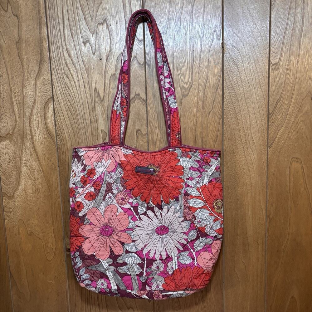 Vera Bradley English Rose Quilted Cotton Tote Bag Floral Pink Red Grey READ